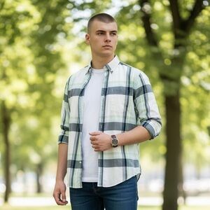 Merona Plaid Button Down Shirt Mens Blue Green White Cotton Long Sleeve Casual